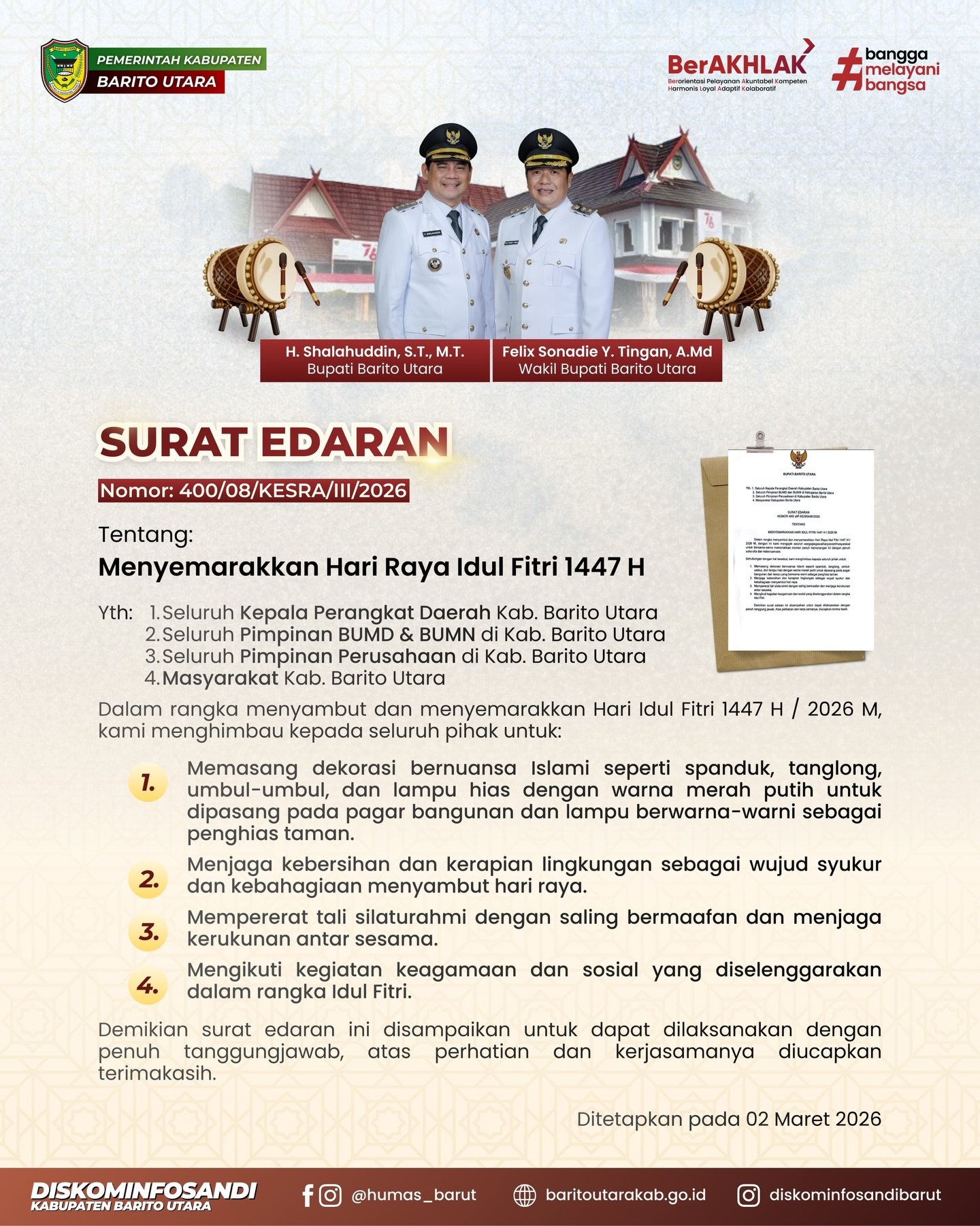 Keluarkan Surat Edaran, Bupati Barito Utara Ajak Semarakkan Hari Raya Idul Fitri